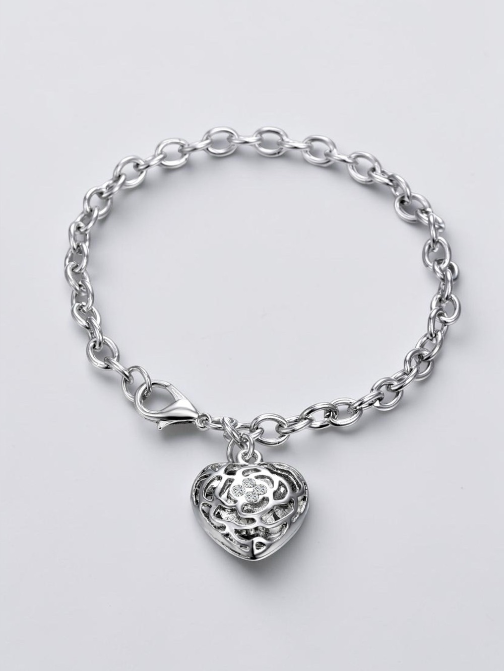 Filigree Rose Puffy Heart Charm Silver Toned Chain Bracelet
